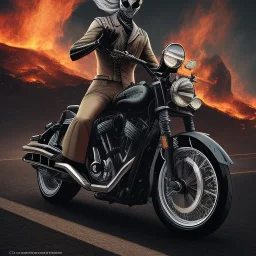 Fire headed skeleton Rider wearing a black leather on black motorcycle in the middle of street rounded by high tower
