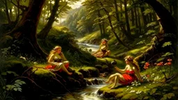 Nymphs sitting next to a stream, in a woodland clearing