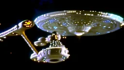 a screen capture from a star trek movie of a battle-damaged starship enterprise IN the year 2380 IS IN A BATTLE with monster ufos sci-fi meticulous, highly-polished, photorealistic, studio production, intricately detailed, GALACTIC, directed by gene Roddenberry, move saucer section forward and nacelles back