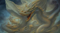 The flat walls of the chamber are decorated with shallow abstract carvings of dragons. A five-headed dragon, rising from an erupting volcano. Other dragons, which seem dwarfed by the five-headed monstrosity, flock to its side.