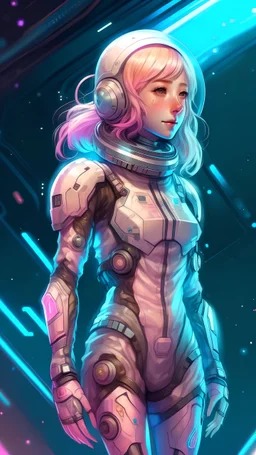 full body view, a woman in a sleek, armored spacesuit with a helmet, anime-style space cadet girl, beautiful woman in a futuristic astronaut suit, girl in space, blonde girl in a cosmic dress, glowing spacesuit, sci-fi female astronaut, portrait of a beautiful sci-fi girl, glowwave aesthetics, futuristic pink-haired woman, Jen Bartel art style, looking at the camera