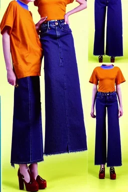 year 1996 denim fashion. Loose skirt, low waist. Combat pants and t-shirt. Colors: denim blue, blue, purple, cream, khaki, light green, lilac, plum, orange, terracotta, red, light yellow, pink, dark blue, beige. Latex in small part. Cheetah pattern. Gwen Stephani, Shirley Manson.Cargo pants