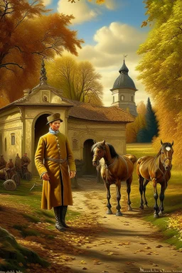 Fascinating, ultra-realistic nature in the photo. Golden autumn. A 32-year-old man in 19th-century Russian clothes walks towards the horses with his head raised to the sky, a smile on his face. In the background, the Russian estate of a 19th-century nobleman and three horses stand at the outhouse.