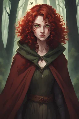 Eighteen-year-old girl, green eyes, blood-red curls, dressed in a brown cloak, with an evil smile in the middle of the forest