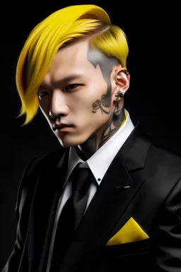 San from ateez He wears a suit, his hair is black and the other half is yellow, and he has a tattoo on his neck