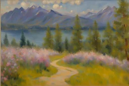 Mountains, lake, flowers, pathway, pine trees, clouds, philip wilson steer impressionism painting