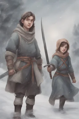 DnD style, two medieval peasant kids playing in the snow male and female, age 14 and 15, happy and playful, he has a short sword