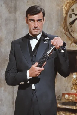 Hickory Dickory dock, He had a most impressive clock, extremely young, 20-year-old Sean Connery, with short, black hair, wearing a black Tuxedo, as James Bond, pointing his Walther ppk pistol and looking where he's pointing, Bright, Colorful, vibrant, clear, 1080p, 32k UHD