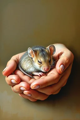 "Bosch style painting, nightmare of oil painting with a mouse peacefully sleeping in to hands palms, The mouse’s fur harmonizes with the scene, that blend with the warmth of the hands , contrasting with natural hands skin