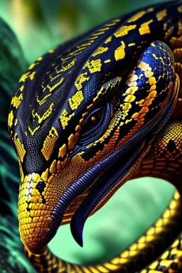 Close up of a Cobra snake ready to strike, head in a flat striking position. Abstract, Stunning and frightening pattern on forehead with staring eyes. Style of steampunk, chaos80, realistic and high quality