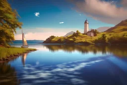 an encaustic painting depicting a landscape of a lake and a single sailboat sailing on it. Add an island and details to create an example of beautiful artistic work. Modifiers: highly detailed masterpiece photorealistic dynamic lighting fantastic view metchley wet oil and wax