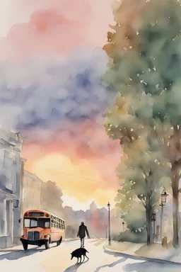 Watercolor, sunset, bus, street, a thin man getting off the bus with a bag in his hand, many trees on the side of the street