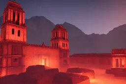 Incan architecture, city, red glow, atmospheric, realistic, unreal engine, cinematic lighting, octane render.