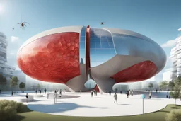 3D representation of architectural wonder, with a concrete design and matte reddish glass that contrasts with the light blue sky, emphasizing organic movement. Its design represents an ant with a bulbous tail and membrane wings with solar panels, its tail is made of concrete and glass. It stands out from pedestrians, creating a sense of scale. In open space, its use is a public place and as a great viewpoint in the mountains Combination of practicality and artistic expression in architecture