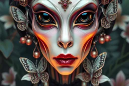 create an image of a beautiful menacing prismatic and (iridescent:1.5) (geisha alien:1.5) with perfect gorgeous black alien eyes and adorned with (unique bone carvings:1.5) with futuristic jewelry and pearlescent butterflies filigree, H.R. Giger style, Japanese and alien background, sharp focus, whimsical, fantasycore, aliencore, gothcore, lillies and tropical flora, aliens, fantasy art painting