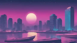 An image depicting an urban skyline of the city of Luanda at night. The skyline is illuminated by neon lights in shades of pink, blue and violet, creating a deep, atmospheric mood. A starry sky with a waning quarter moon enhances the nostalgic air of the 1980s. The illustration has a square aspect ratio and combines modern digital art with retro elements.
