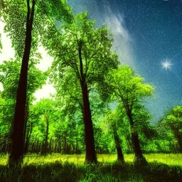 lush trees against a stary sky