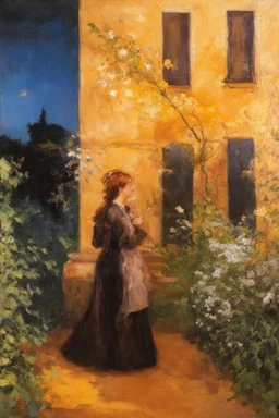 Night, vegetations, flowers, one woman, distant house, hans thoma, and george iness paintings