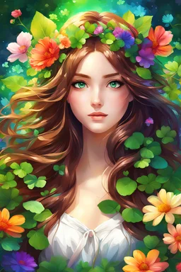 Beautiful anime girl with shiny flowing brown hair and full clover leaves sewn on her head, very bright and lovely green eyes, surrounded by very beautiful colorful flowers, very colorful, vibrant colors, digital painting
