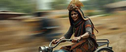 master oil painting by Rembrandt, scary ai sami woman on trike, motion blur background