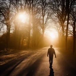 view of long road , man walking with blood hand , sun is blury