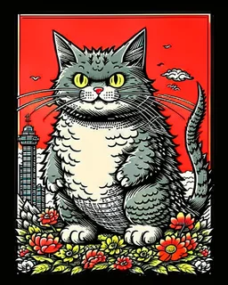 Catzilla cat Japanese Art funny cat gifts for women kid PNG,