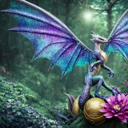 closeup of stunning, adorable baby dragon, iridescent wings, glittery scales, in forest with globes of light, flowers, 8k resolution, 3D octane render, intricate, sharp, crisp, digital art, detailed matte, volumetric lighting, Anne Dittman, Anne Stokes, Lisa Parker, Selina French, greg rutowski