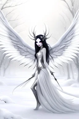 evil fairy, winter, snow, dragon-fly-wings, beautiful, female, full body, white skin