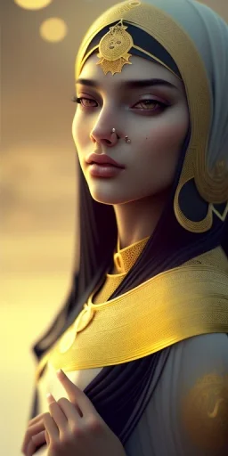 Arab young woman ,Arabic features، cute, beautiful, long hair, wavy hair, black eyes,A tuft of hair on the face,Arab cloak، head and shoulders portrait, cinematic, 8k, resolution concept art portrait by Greg Rutkowski, Artgerm, WLOP, Alphonse Mucha dynamic lighting hyperdetailed intricately detailed