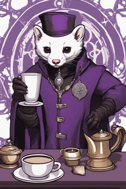 (anthropomorphic white ferret),dressed in ((cleric fantasy)) black and purple clothes with silver holy ornaments, realistic anatomy, fantasy tavern on background, mage and holy symbols around, serious face, hold cup of coffe, tired face, in the style of LOISH