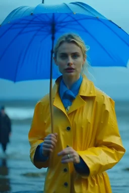 In the music video, a 23-year-old woman with blonde hair and bright blue eyes stands in the sea, dressed in a yellow fisherman's jacket. She holds an umbrella, but it offers no protection from the pouring rain. Around her, seahorses are moving. The rain is pouring heavily.