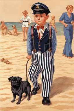 Pugsley Addams. Like the rest of his unconventional family, Pugsley eschewed typical beach attire for a more sophisticated Gucci ensemble. He wore pinstriped trousers in navy blue anchored by shiny black suspenders. The hems were rolled up slightly to walk more easily in the shifting sands. On his small torso was a matching pinstriped jacket with brass buttons adorned by the interlocked GG logo. Under one arm, Pugsley carried his beloved oversized dynamite stick, the long fuse trailing behind hi