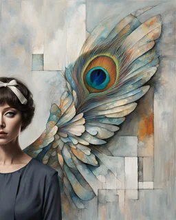 Minimalist abstract artwork in mixed media, depicting a woman with wings like a peacock's fanned plume, radiating as a colorful aura. Contemporary, minimalistic, and surreal, conveying enlightenment, discovery, and exhilaration. Influenced by Jacek Yerka and Richard Burlet, with subtle textures and a sophisticated palette of muted neutrals, deep blues, and striking red accents. Visionary and esoteric, with an emotional, mystical quality.