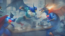 Superheros in the workplace fighting dragons