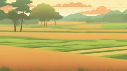 Rice field，Trees，Warm color palette，Animation，A lovely grasshopper