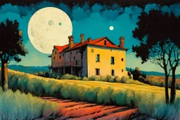 create a wildly abstract illustration of a highly detailed fortified Italian farmhouse surrounded by Lombardy poplar trees, in the hills of Tuscany under a harvest moon, in the comic book art style of Bill Sienkiewicz, and Jean Giraud Moebius, finely textured, drawn, colored, and inked