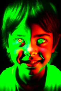 Face of an evil child with a demonic smile, white eyes, surrounded by flames, youthful green lighting.