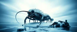 airbrush 3d rendering, frontal close up of alien gremlin underneath chrome centipede lobster huge space ship on small frozen island in lake, pinhole cam, background motion blur