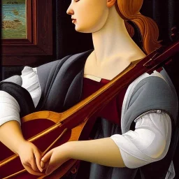 oil painting of a woman playing a lute, highly detailed painting, intricate, high quality, 8k, dynamic lighting, ultra detailed, Sandro Botticelli style