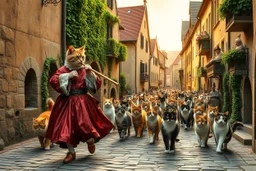 "The Cat Pied Piper of Hamelin, dressed in flowing, colorful Renaissance garments, playing a magical flute, followed by a majestic parade of cats in all sizes and colors, walking in perfect harmony along old cobblestone streets, Renaissance buildings with ivy, curious townsfolk leaning out of balconies with astonished faces, golden-hour lighting, high fantasy, highly detailed, 8K, hyper-realistic, magical realism --v 7 --ar 21:9 --style raw --q 2"