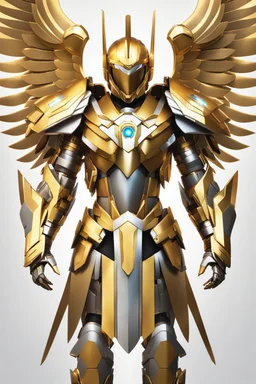 Halfbody,facing front Angel Warrior,iron straddle wings, realistic, golden ratio, symmetric, mecha,eyes LED light, metallic polished shiny armour,abstracts background