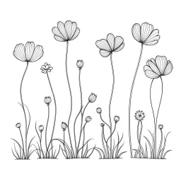 set of grow wind flower on the grace, SIMPLE ONE lineS art, white background, minimalis, different view, only white bakcground solid.