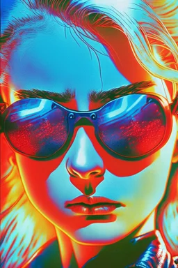 Photo of a beautiful blonde female Terminator, with dark sun glasses, bright red eye, up close, Hollywood movie poster vibes, blue light night time, high contrast dark moody lighting.