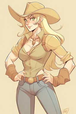An anime style drawing of a buff cowgirl. she is blonde has sideburns. she is wearing chaps and a cowboy hat. she is buff and has big muscles! she is as buff as a man. she is wide