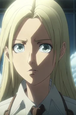 Attack on Titan screencap of a female The main character is a girl with light straight hair and different eyes