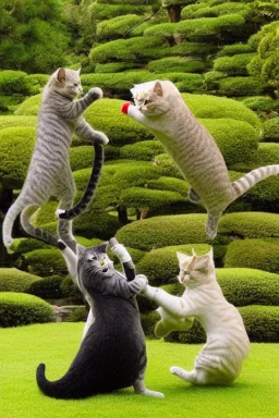 martial artist cats fighting in a Japanese garden