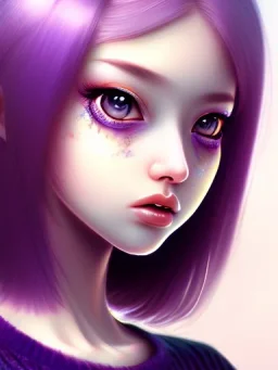 kawaii girl, purple hair, cute, semirealistic, sweater, close up portrait