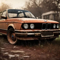 an abandoned 1990 bmw rust 2-door overgrown by nature with dust ,ultra realistic,concept, 4k ,on street,8k resolution, high-quality, fine-detail, parked in crowded city winter