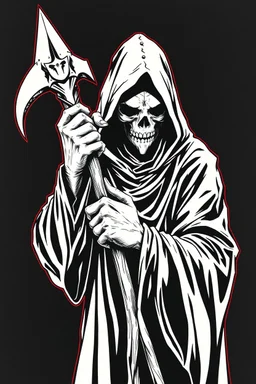 hooded Grim-Reaper gripping a staff with both hands, vignette, black and white graphic novel style with a red outline on black background, extreme distortion and melding of shapes, gothic horror