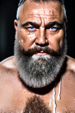 close up photography, dirty burly russian ugly strong chubby 56 years old man, bullneck, milk falling from above, splashing and dripping milk in the face, milk dripping on the beard, with dirty tank top, tattoo, serious eyes, manly chest, 35mm lens, natural light